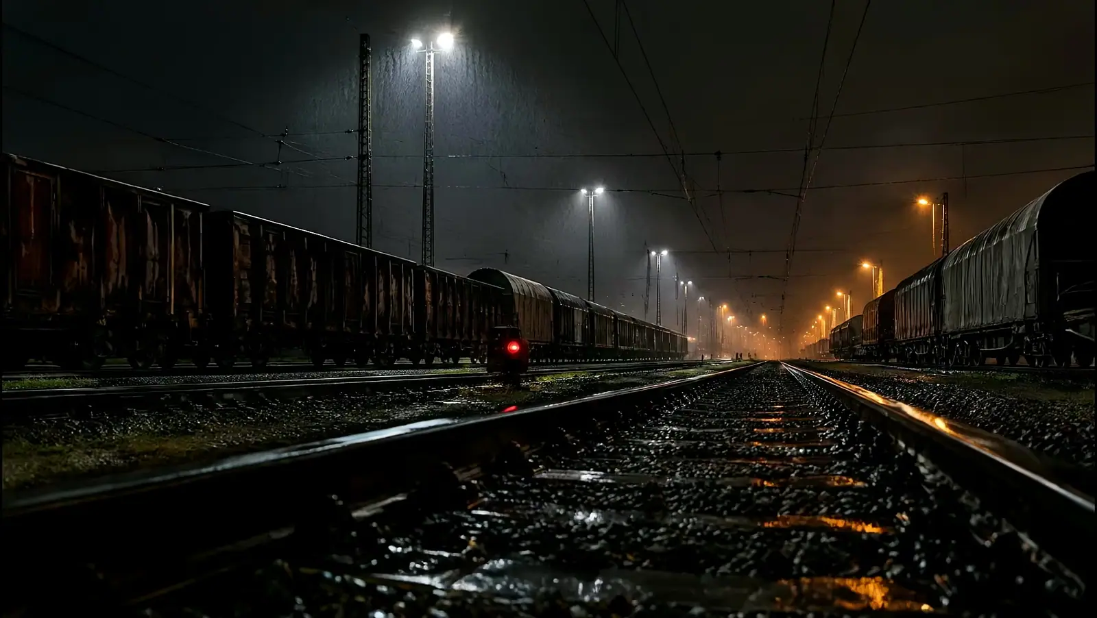 Nächtlicher Rangierbahnhof im Regen mit langen Reihen von Güterwagen unter Flutlicht