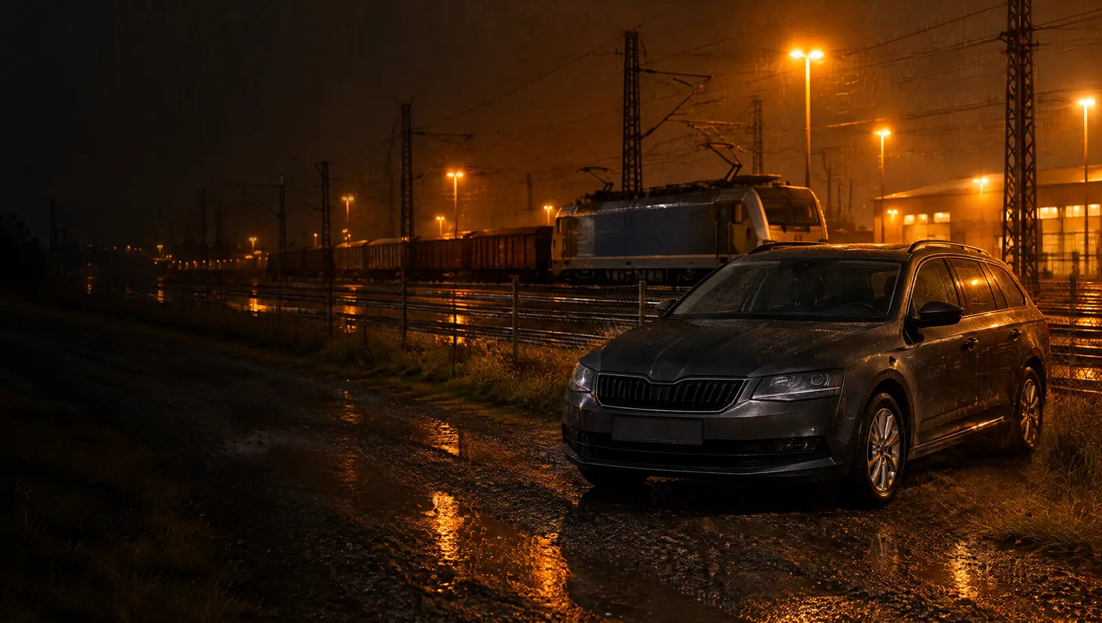 Dunkler Kombi als Dienstwagen auf einem Betriebsweg neben den Gleisen bei Nacht, dahinter eine E-Lok mit Güterwagen