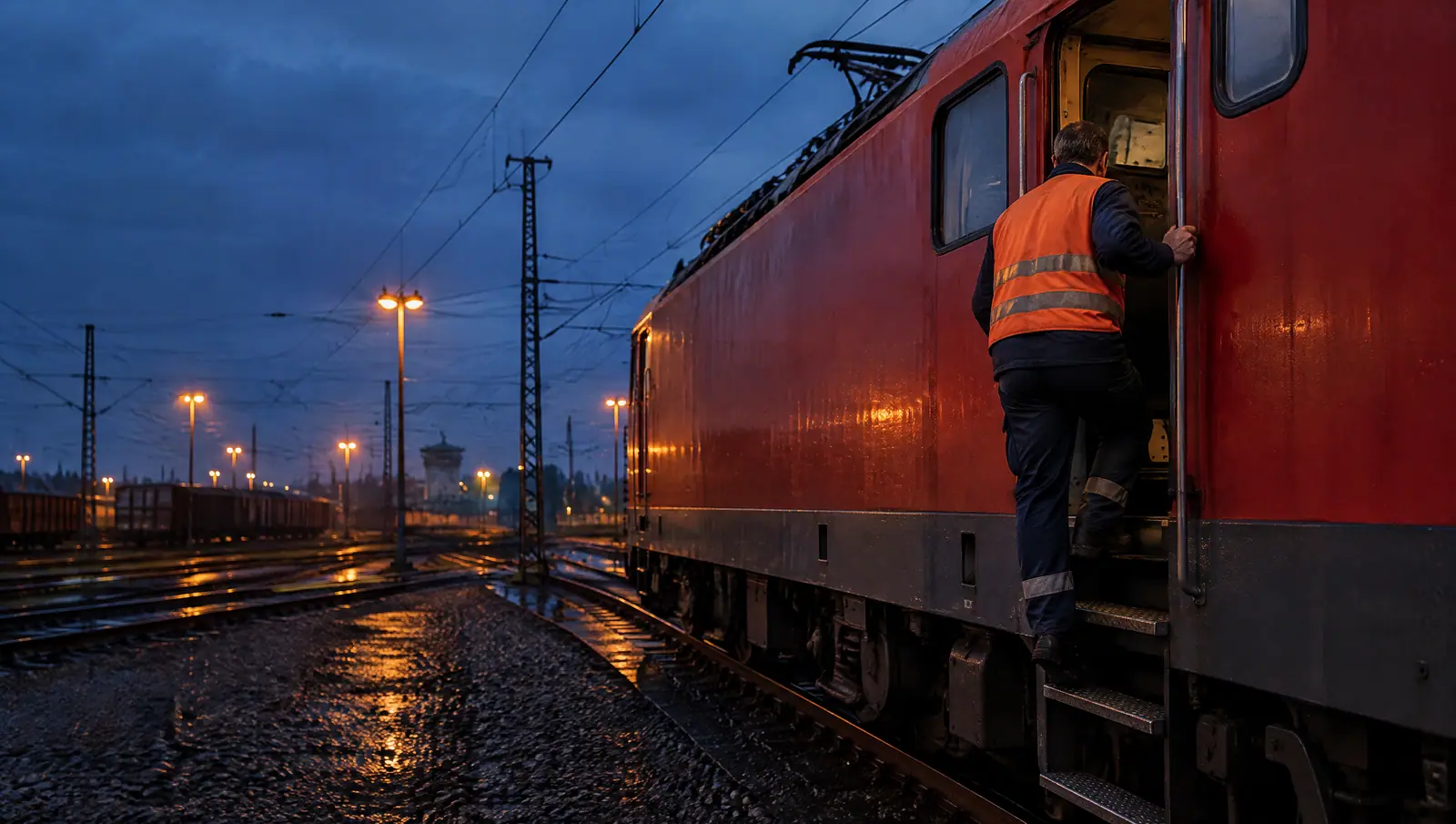 Lokführer mit Warnweste steigt in der Dämmerung in den Führerstand einer roten Güterzuglok