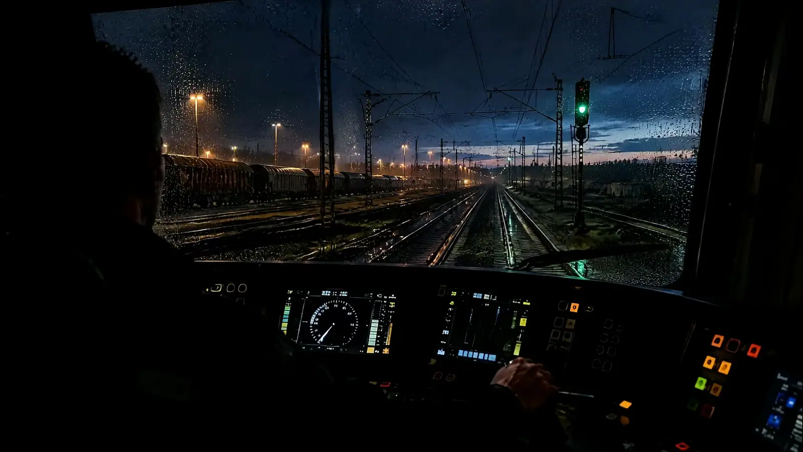 Blick aus dem Führerstand bei Nacht auf nasse Gleise, vorne zeigt ein Signal grün