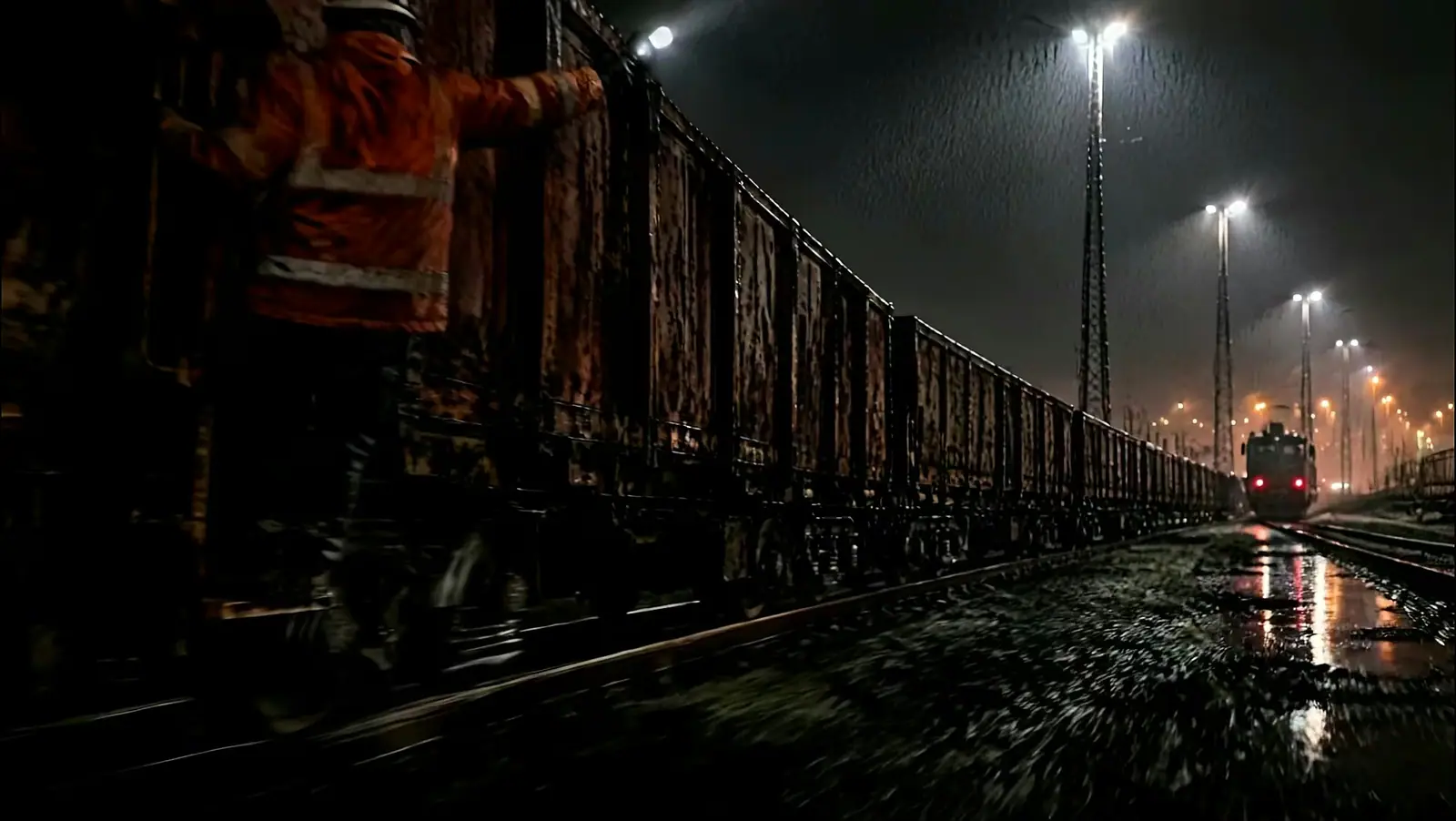 Eisenbahner in Warnkleidung an einem Güterwagen im nächtlichen Rangierbahnhof, im Hintergrund die Lichter einer Lok