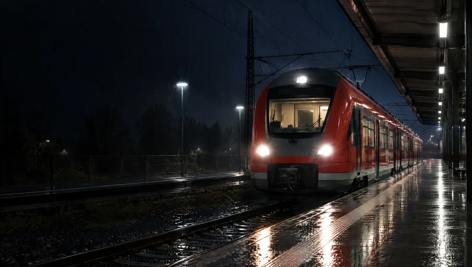 Roter Regionalzug mit eingeschalteten Scheinwerfern am nassen Bahnsteig bei Nacht