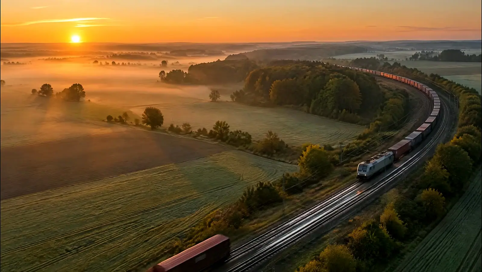 Güterzug in einer weiten Kurve durch Felder und Wald bei Sonnenaufgang, Nebel liegt über dem Tal